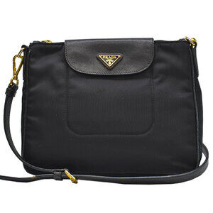 Prada bag triangle logo black gold leather metal shoulder crossbody